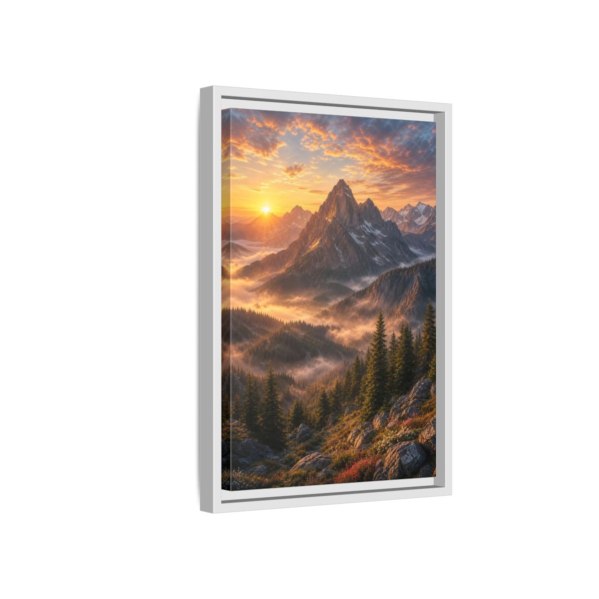 Side Mockup 4. Nature Mountain Landscape Golden Mountain Sunrise shown as stretched canvas wall art