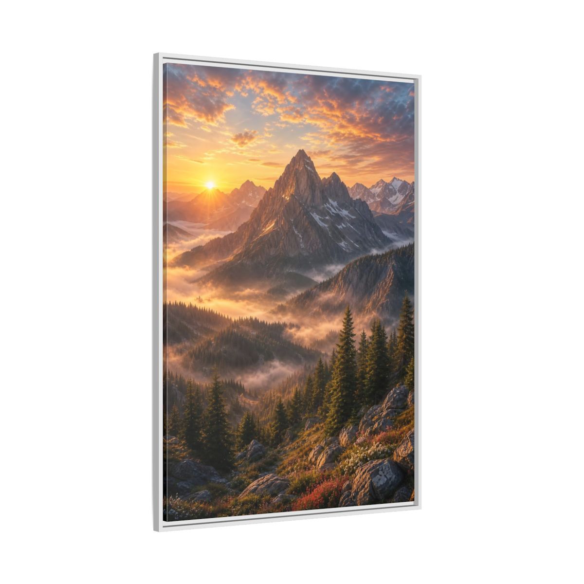 Side Mockup 7. Nature Mountain Landscape Golden Mountain Sunrise shown as stretched canvas wall art