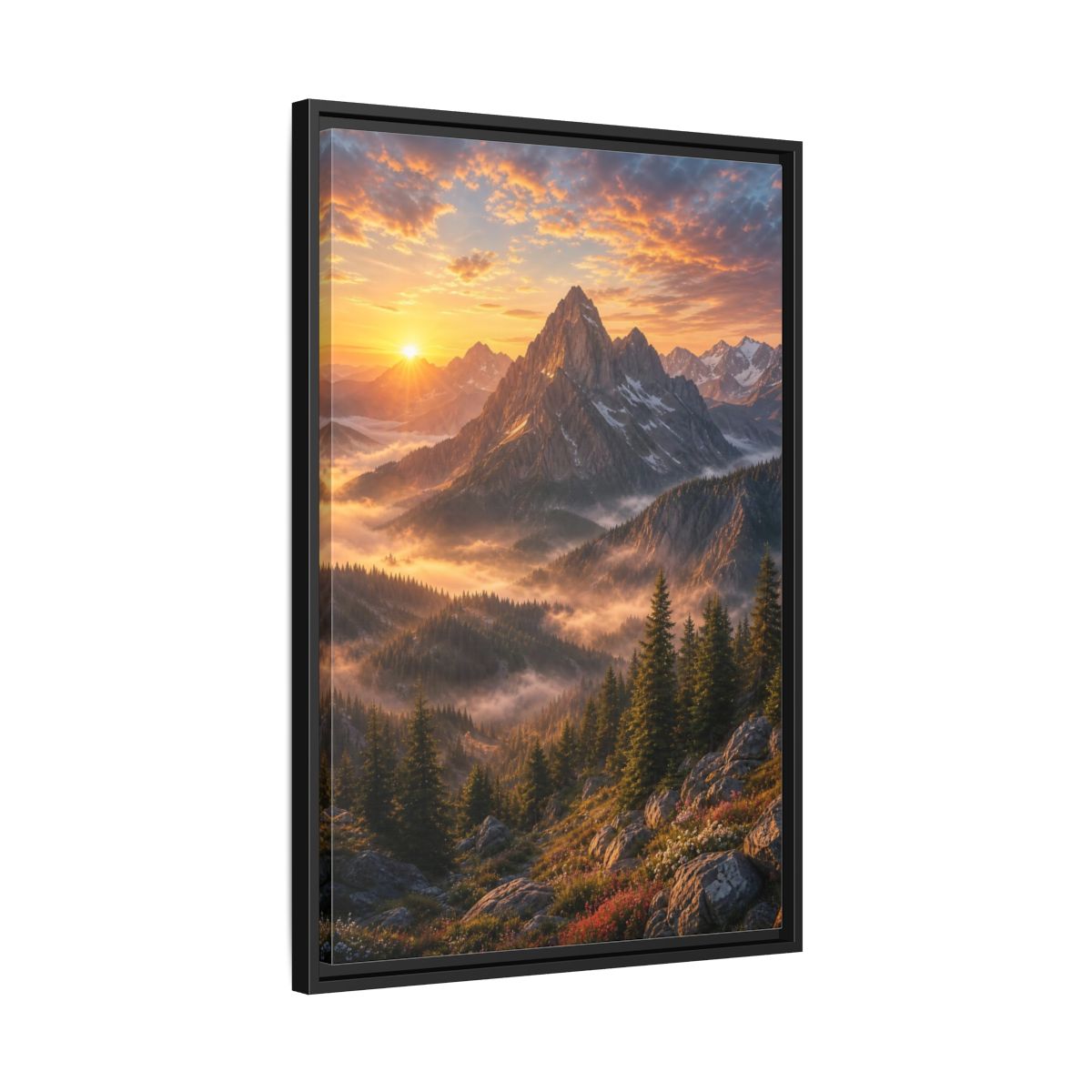Side Mockup 14. Nature Mountain Landscape Golden Mountain Sunrise shown as stretched canvas wall art