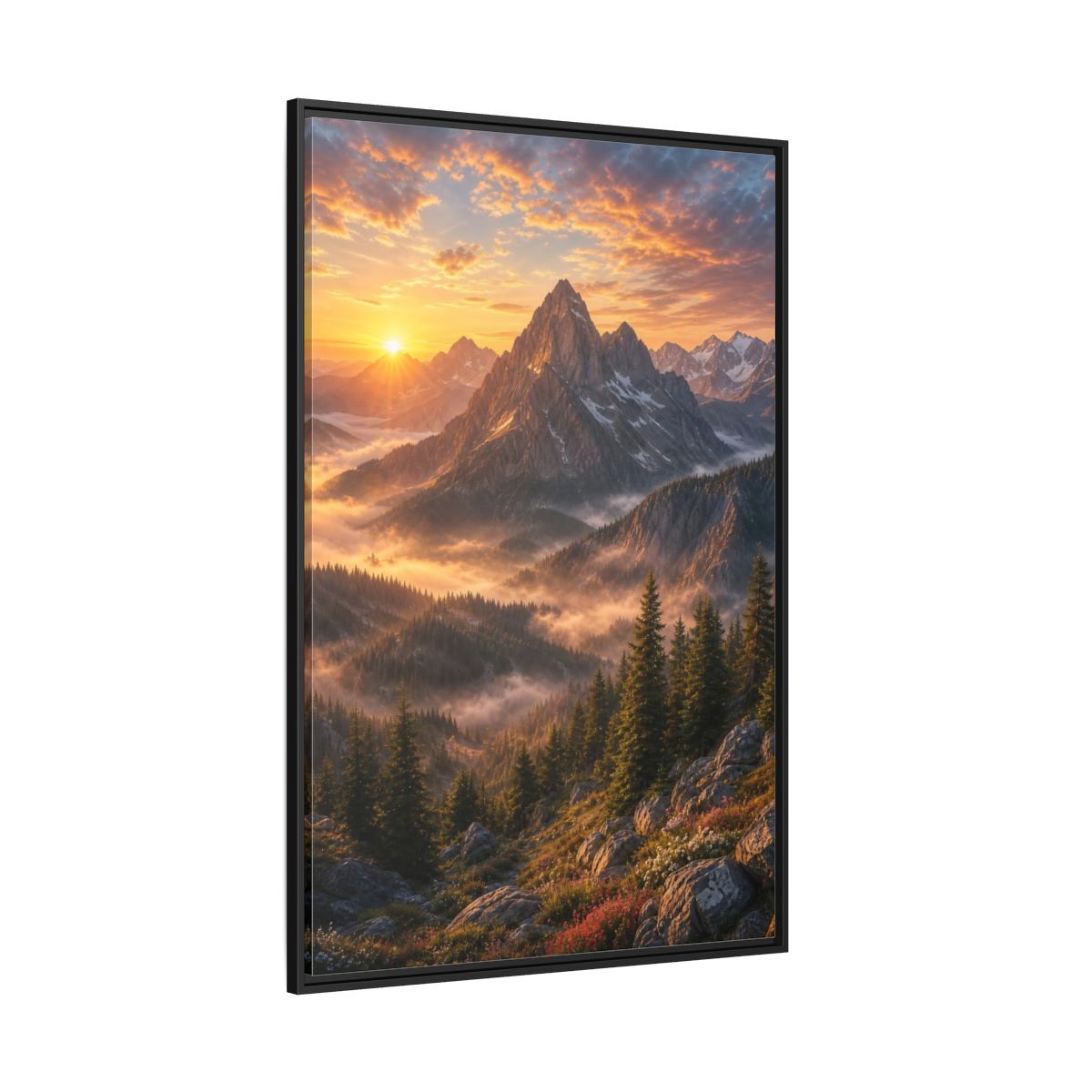 Side Mockup 12. Nature Mountain Landscape Golden Mountain Sunrise shown as stretched canvas wall art