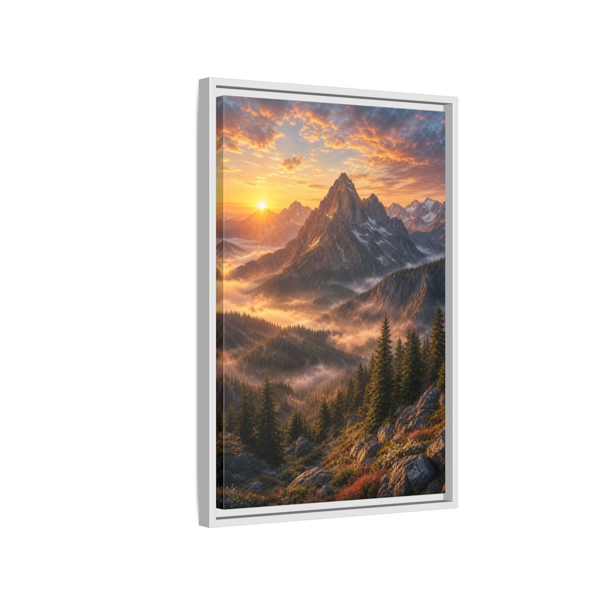 Side Mockup 1. Nature Mountain Landscape Golden Mountain Sunrise shown as stretched canvas wall art