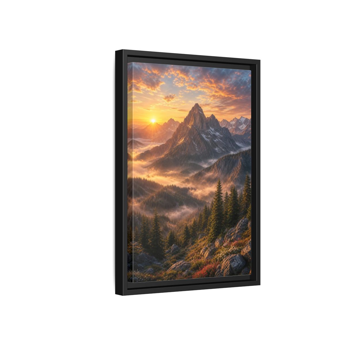 Side Mockup 6. Nature Mountain Landscape Golden Mountain Sunrise shown as stretched canvas wall art