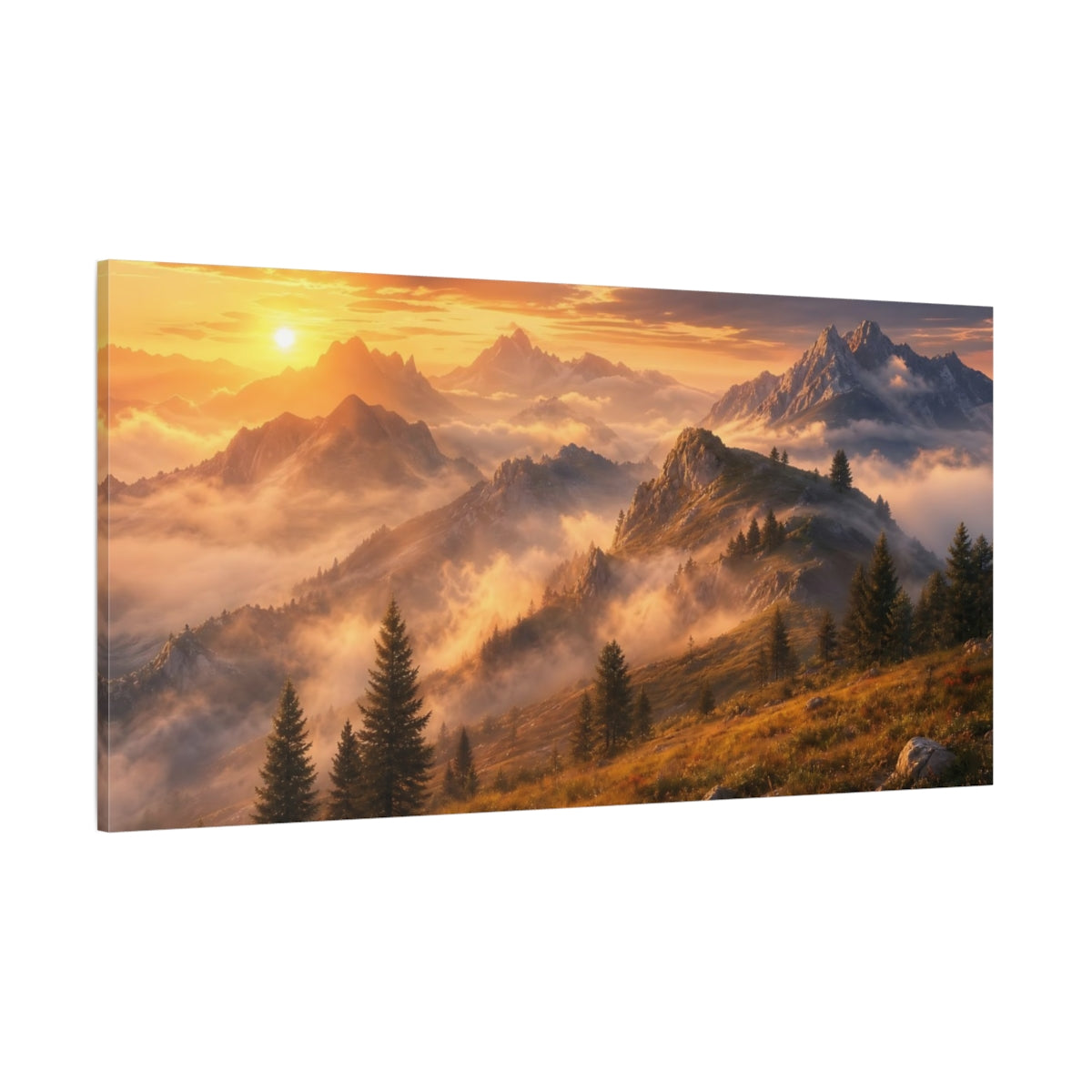 Side Mockup 2. Nature Mountain Landscape Golden Mountain Sunset shown as stretched canvas wall art