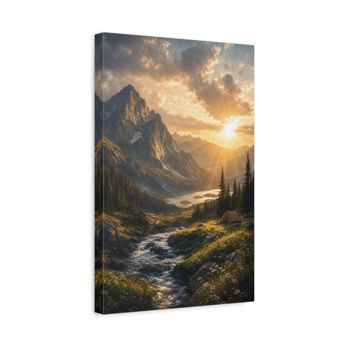 Side Mockup 4. Nature Mountain Landscape Golden Mountain Sunset shown as stretched canvas wall art