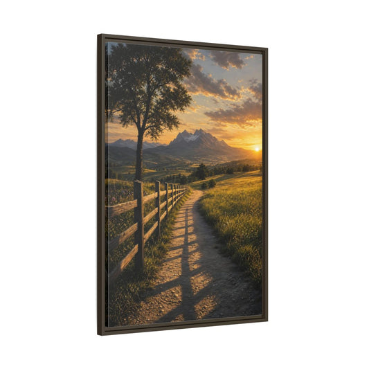Main Mockup. Nature Mountain Landscape Golden Sunset Path shown as stretched canvas wall art