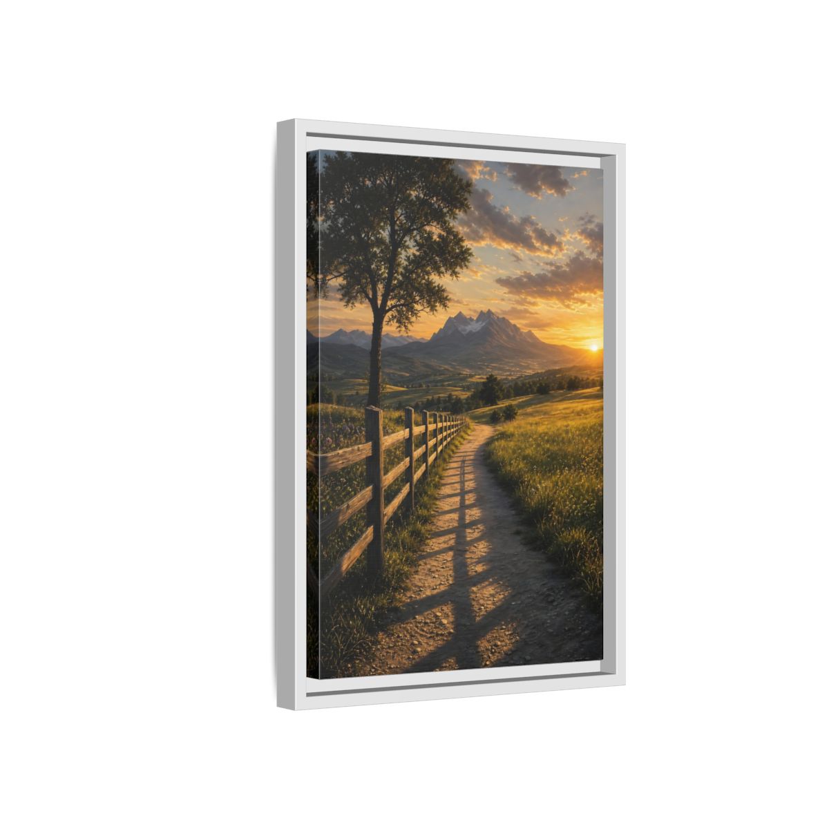 Side Mockup 4. Nature Mountain Landscape Golden Sunset Path shown as stretched canvas wall art
