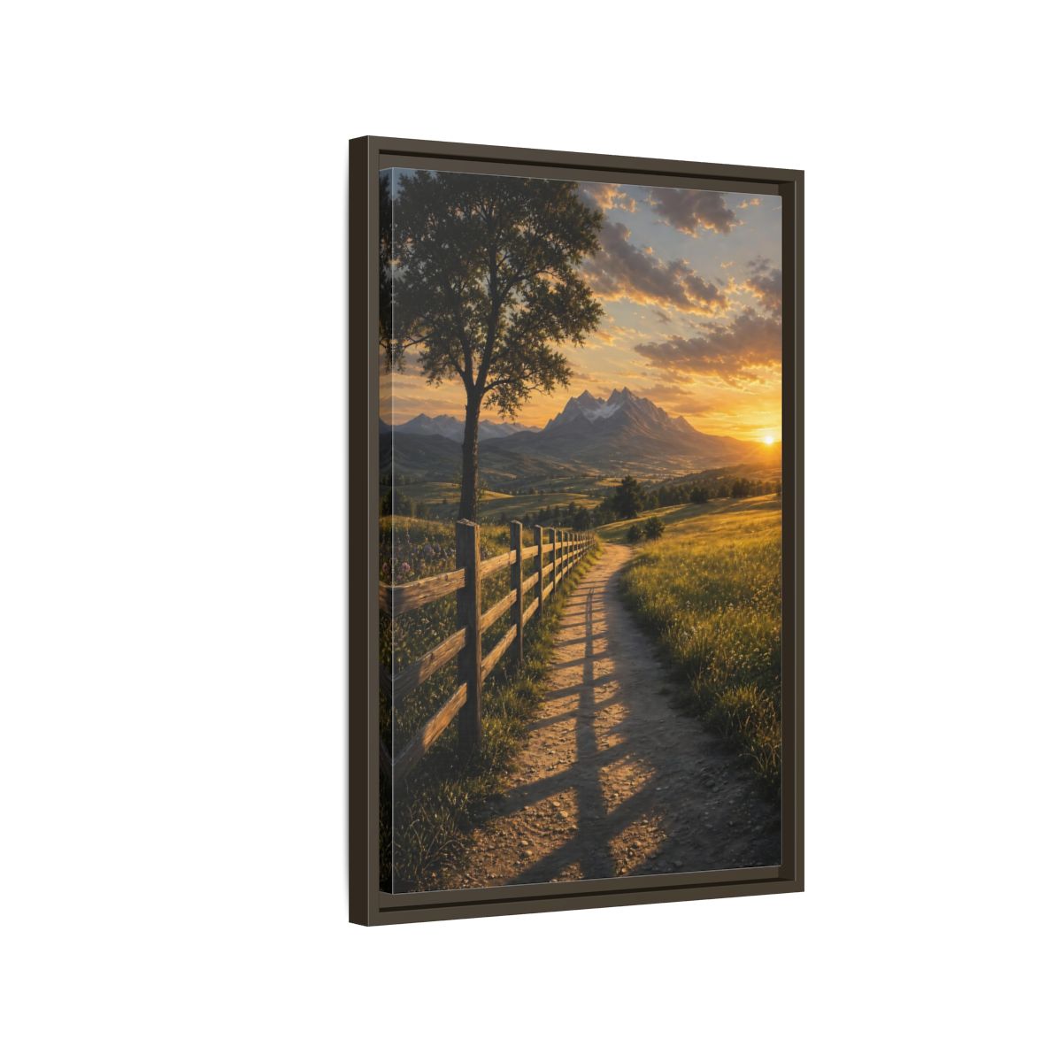 Side Mockup 2. Nature Mountain Landscape Golden Sunset Path shown as stretched canvas wall art