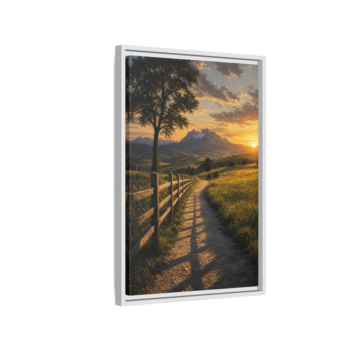Side Mockup 1. Nature Mountain Landscape Golden Sunset Path shown as stretched canvas wall art