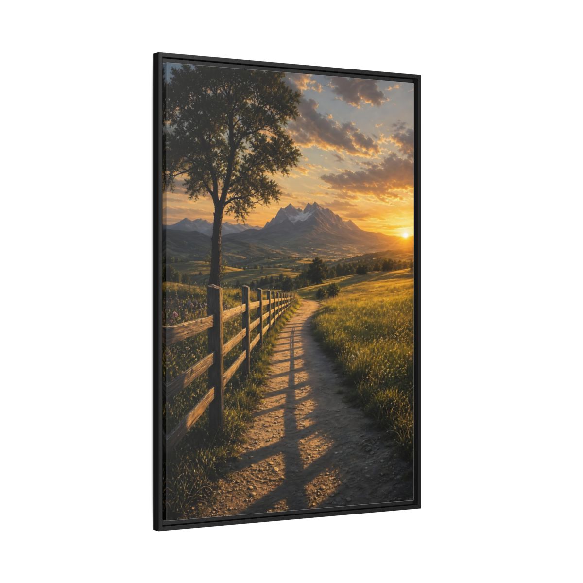Side Mockup 12. Nature Mountain Landscape Golden Sunset Path shown as stretched canvas wall art
