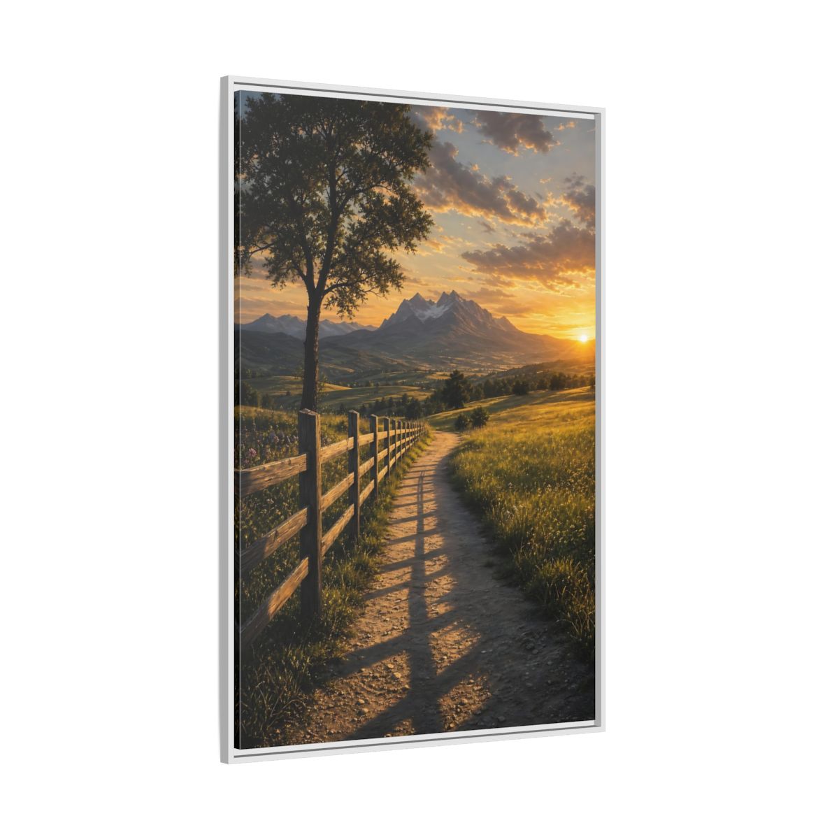 Side Mockup 7. Nature Mountain Landscape Golden Sunset Path shown as stretched canvas wall art