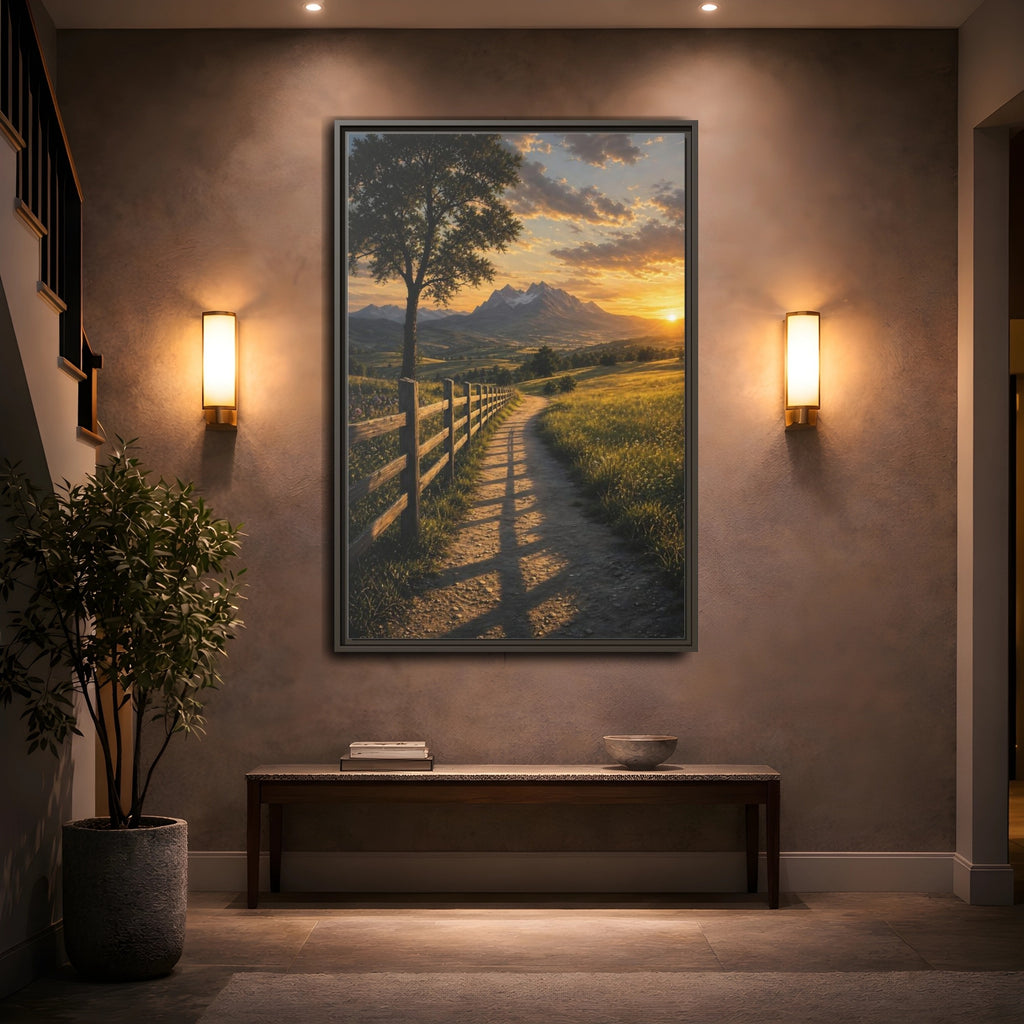 Mockup 2. Nature Mountain Landscape Golden Sunset Path shown as stretched canvas wall art