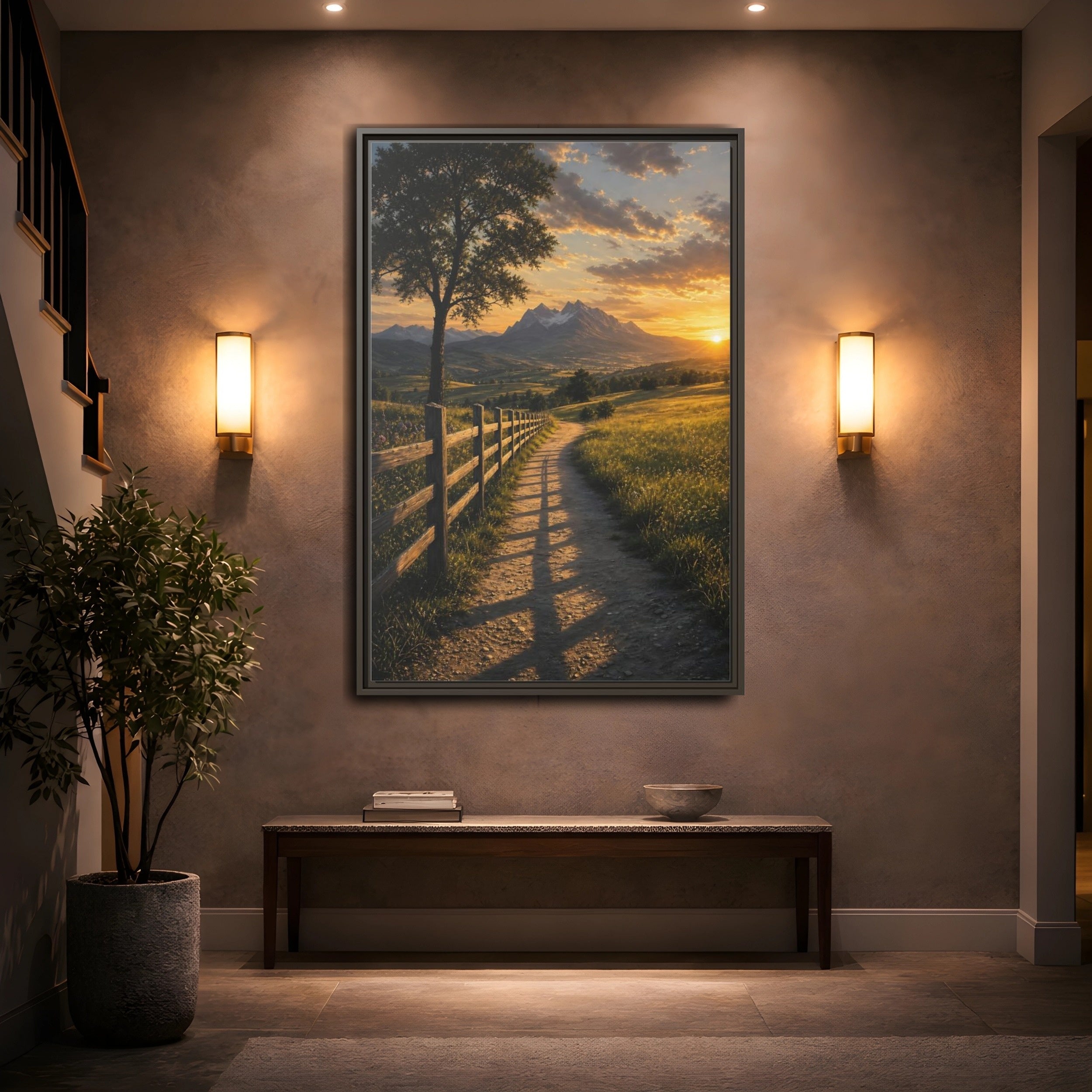 Mockup 2. Nature Mountain Landscape Golden Sunset Path shown as stretched canvas wall art
