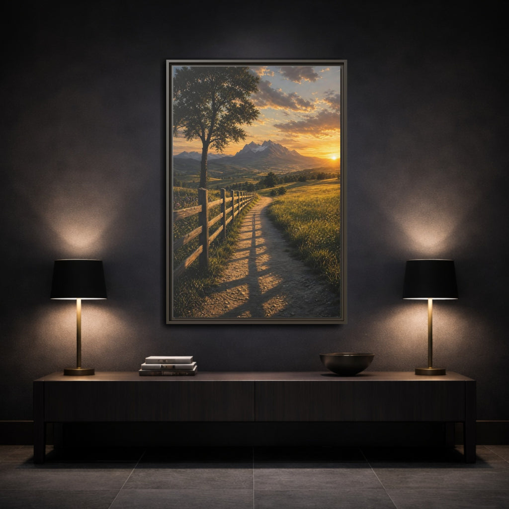 Mockup 3. Nature Mountain Landscape Golden Sunset Path shown as stretched canvas wall art