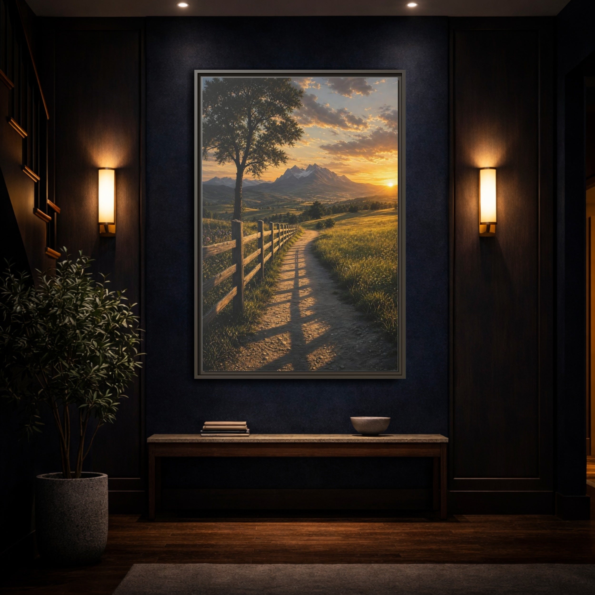 Mockup 4. Nature Mountain Landscape Golden Sunset Path shown as stretched canvas wall art
