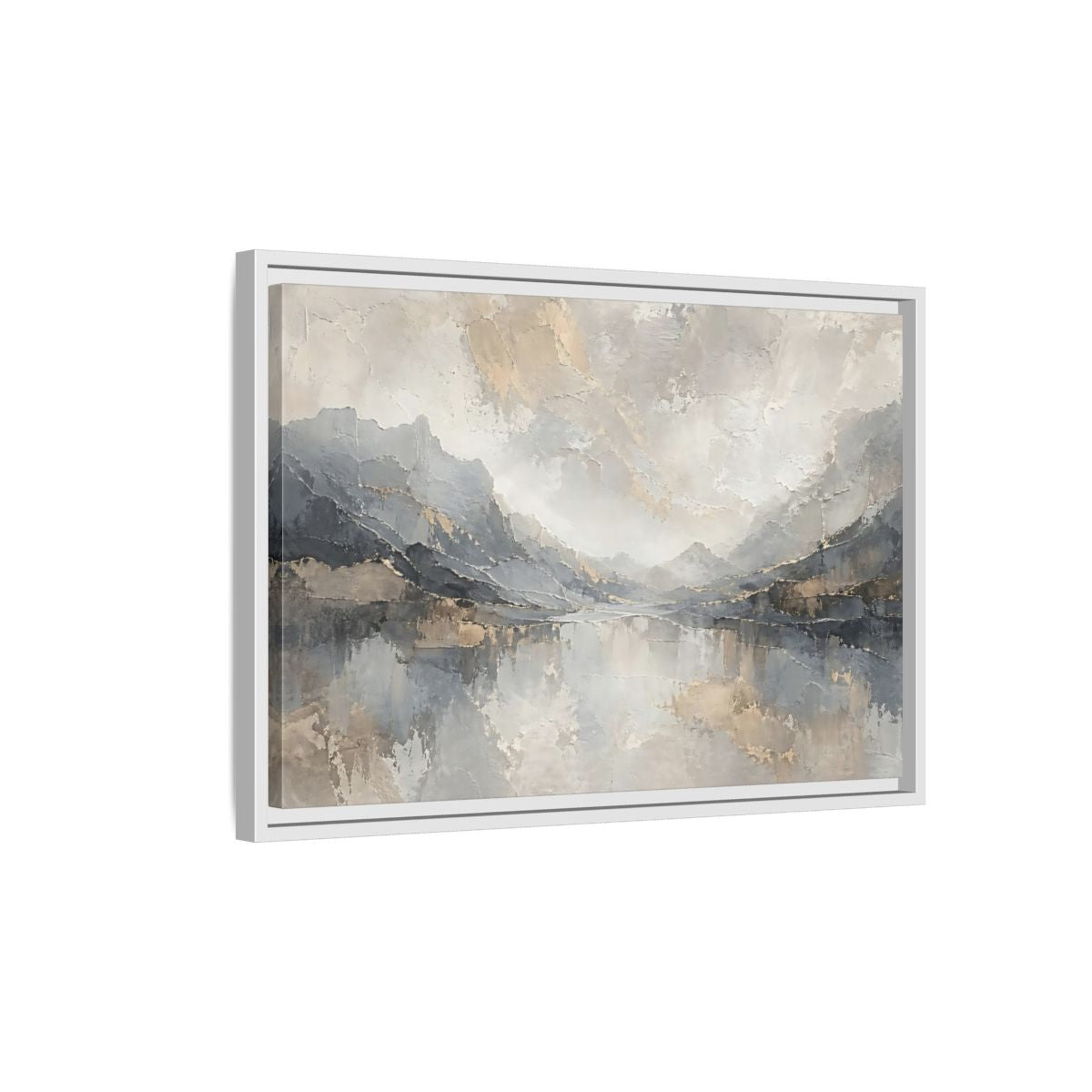 Side Mockup 1. Nature Mountain Landscape Gray And Gold shown as stretched canvas wall art