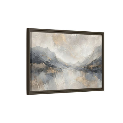 Side Mockup 2. Nature Mountain Landscape Gray And Gold shown as stretched canvas wall art
