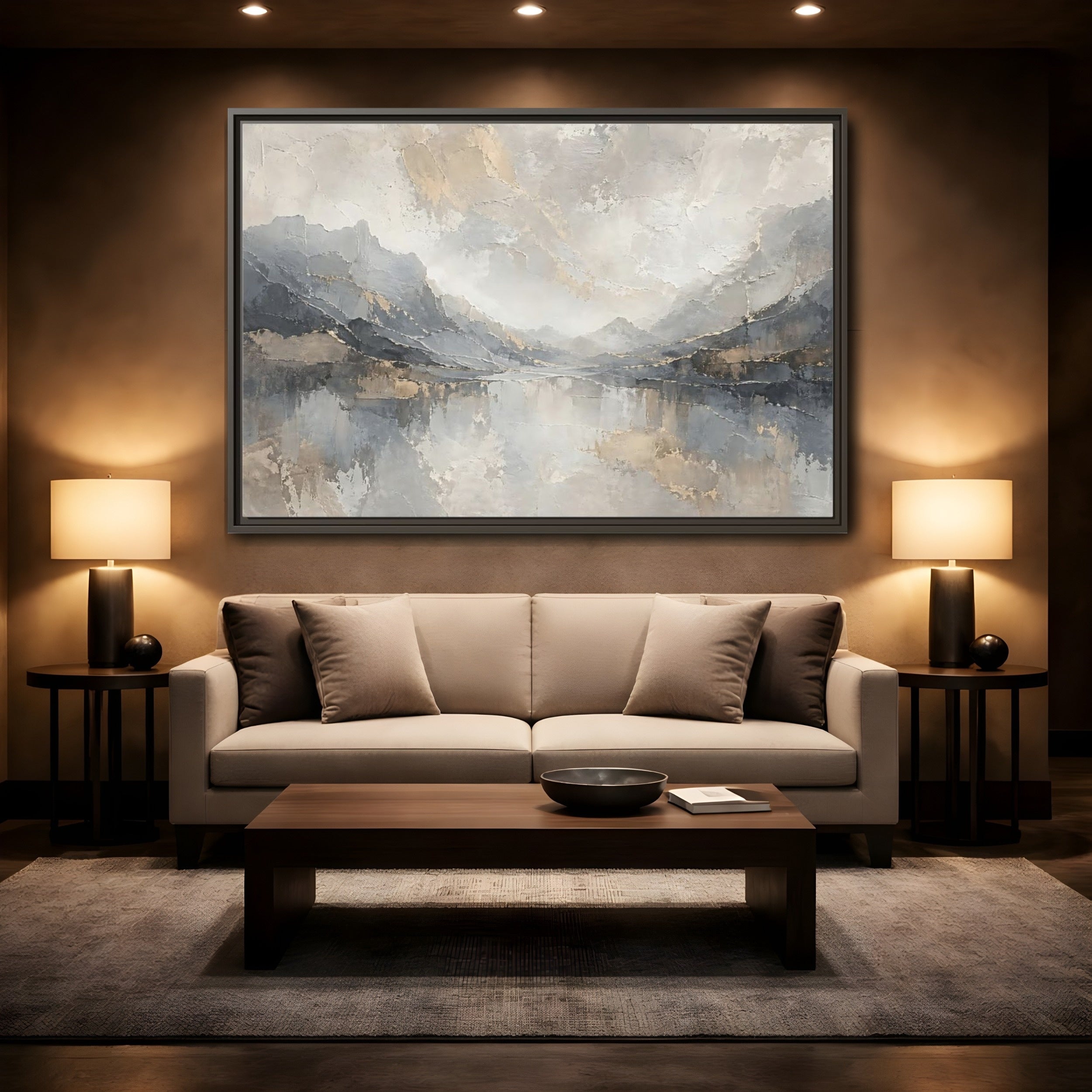 Mockup 2. Nature Mountain Landscape Gray And Gold shown as stretched canvas wall art