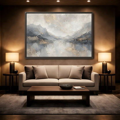 Mockup 2. Nature Mountain Landscape Gray And Gold shown as stretched canvas wall art