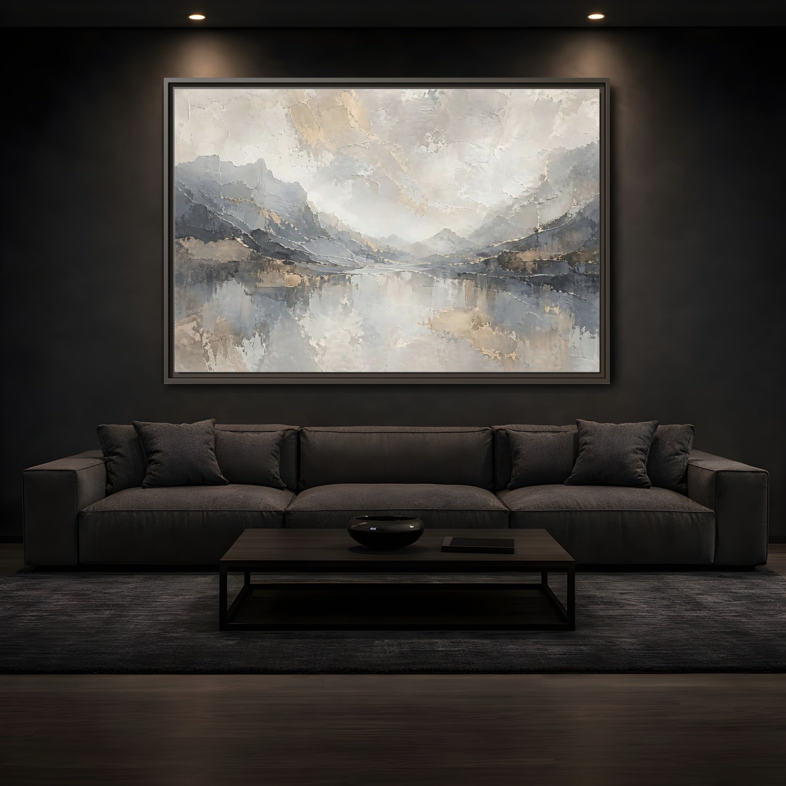 Mockup 3. Nature Mountain Landscape Gray And Gold shown as stretched canvas wall art