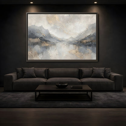 Mockup 3. Nature Mountain Landscape Gray And Gold shown as stretched canvas wall art