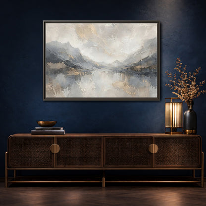 Mockup 4. Nature Mountain Landscape Gray And Gold shown as stretched canvas wall art
