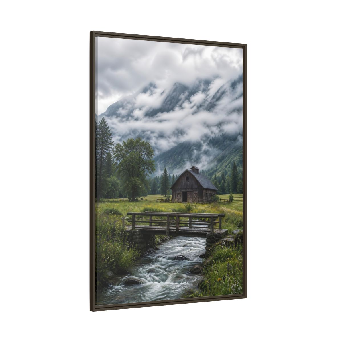 Side Mockup 8. Nature Mountain Landscape Green And Grey Landscape shown as stretched canvas wall art