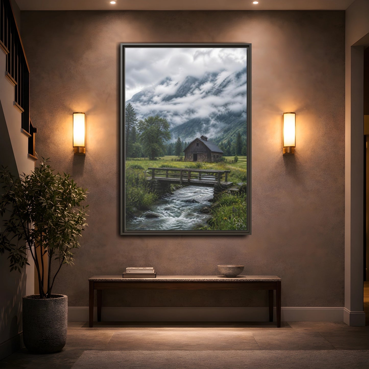 Mockup 2. Nature Mountain Landscape Green And Grey Landscape shown as stretched canvas wall art