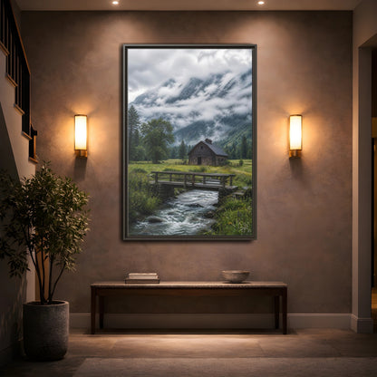 Mockup 2. Nature Mountain Landscape Green And Grey Landscape shown as stretched canvas wall art
