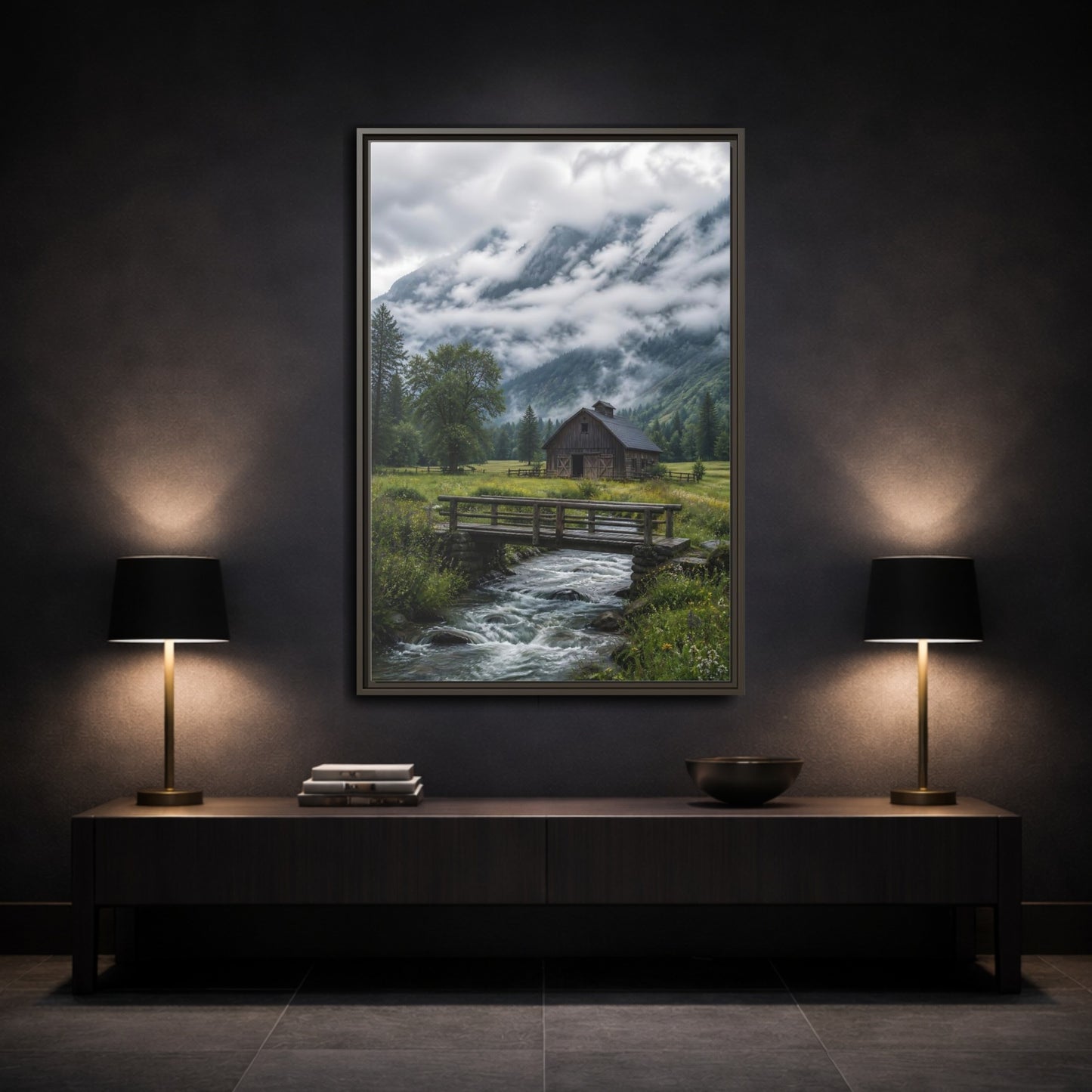 Mockup 3. Nature Mountain Landscape Green And Grey Landscape shown as stretched canvas wall art