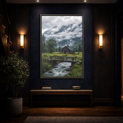 Mockup 4. Nature Mountain Landscape Green And Grey Landscape shown as stretched canvas wall art