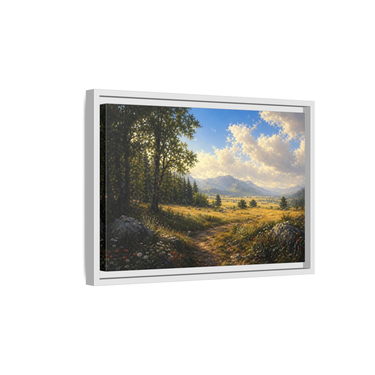 Side Mockup 4. Nature Mountain Landscape Green Gold Landscape shown as stretched canvas wall art