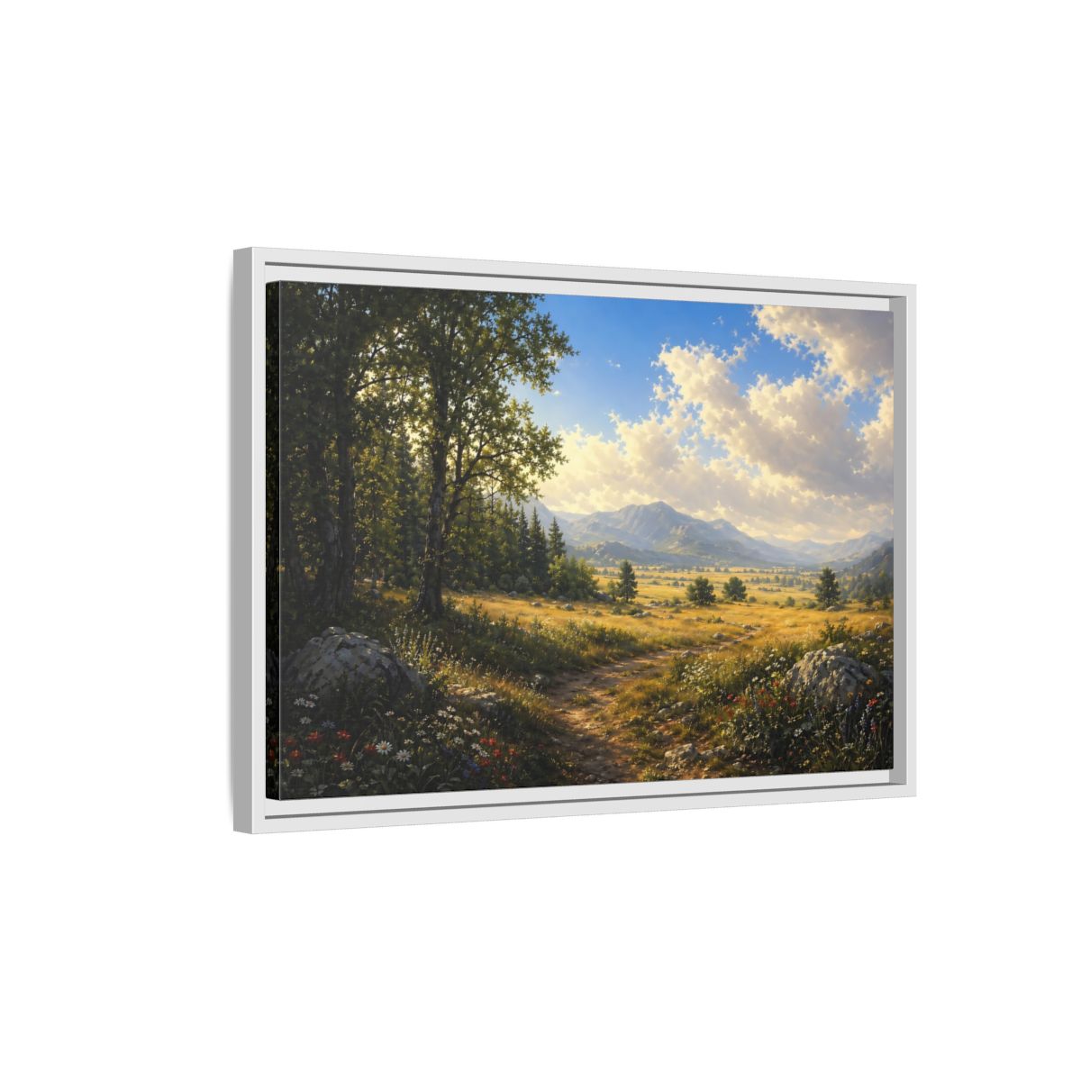 Side Mockup 1. Nature Mountain Landscape Green Gold Landscape shown as stretched canvas wall art
