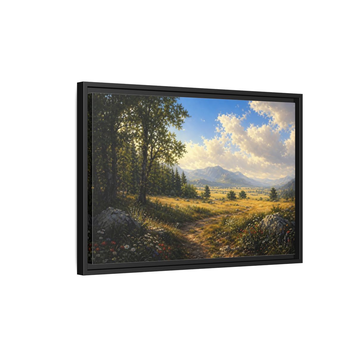 Side Mockup 3. Nature Mountain Landscape Green Gold Landscape shown as stretched canvas wall art