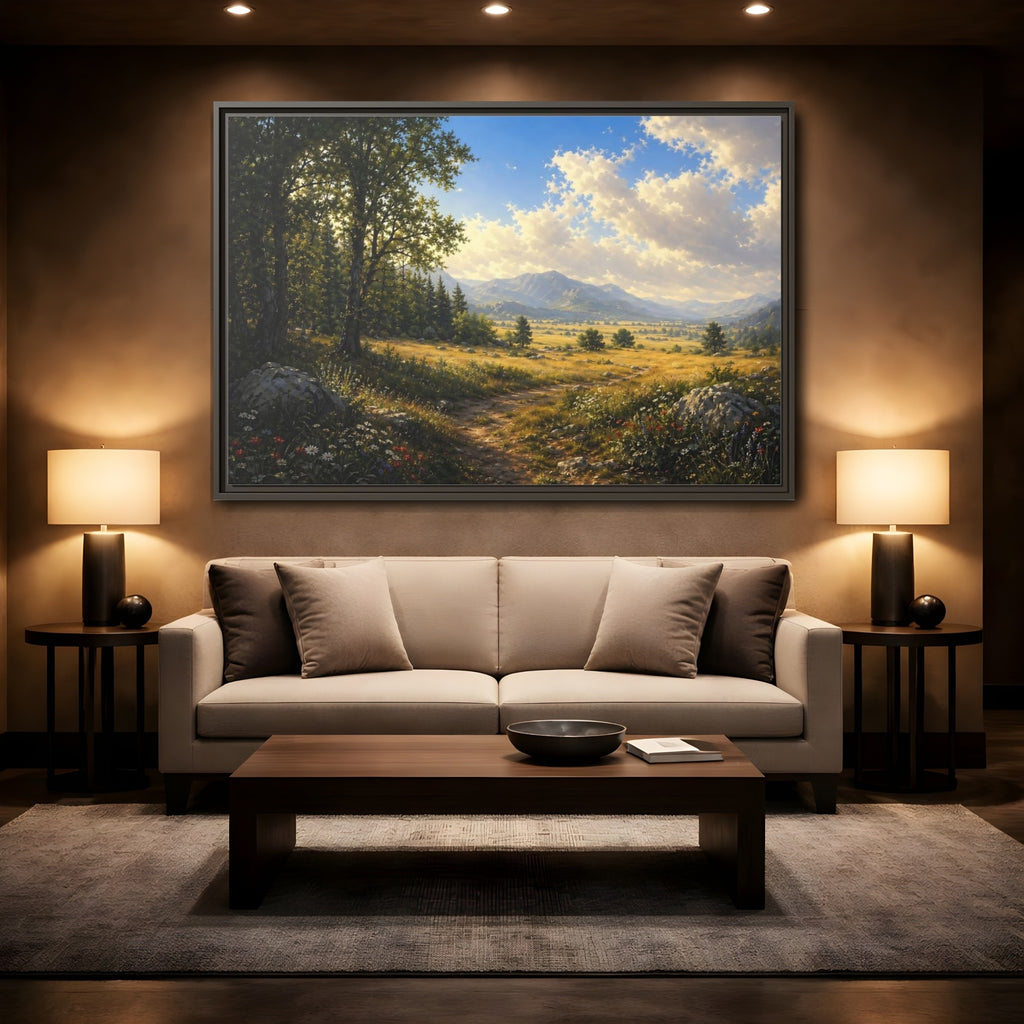Mockup 2. Nature Mountain Landscape Green Gold Landscape shown as stretched canvas wall art