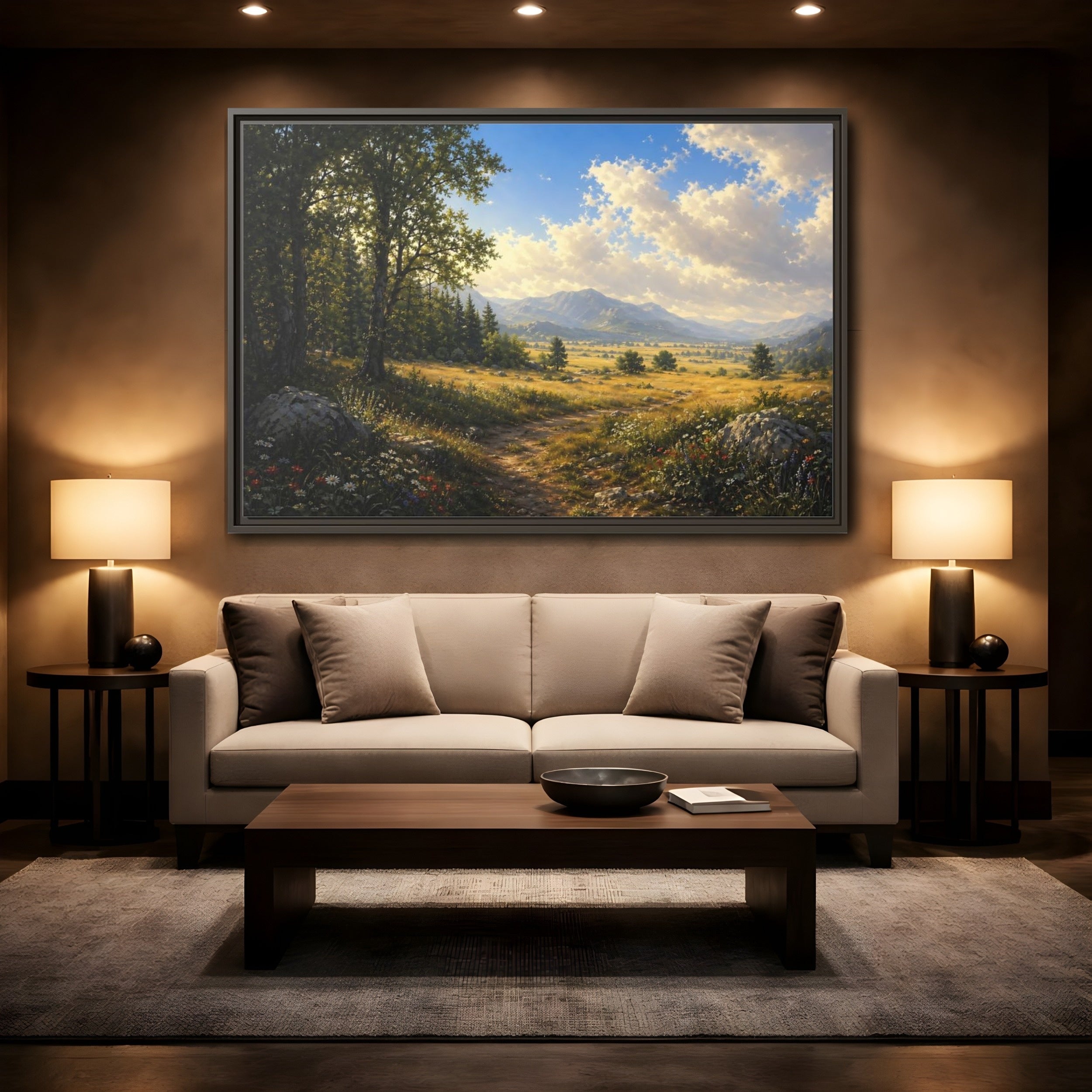 Mockup 2. Nature Mountain Landscape Green Gold Landscape shown as stretched canvas wall art