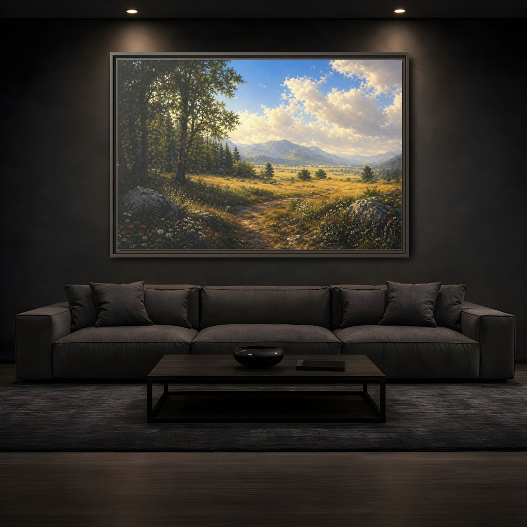 Mockup 3. Nature Mountain Landscape Green Gold Landscape shown as stretched canvas wall art