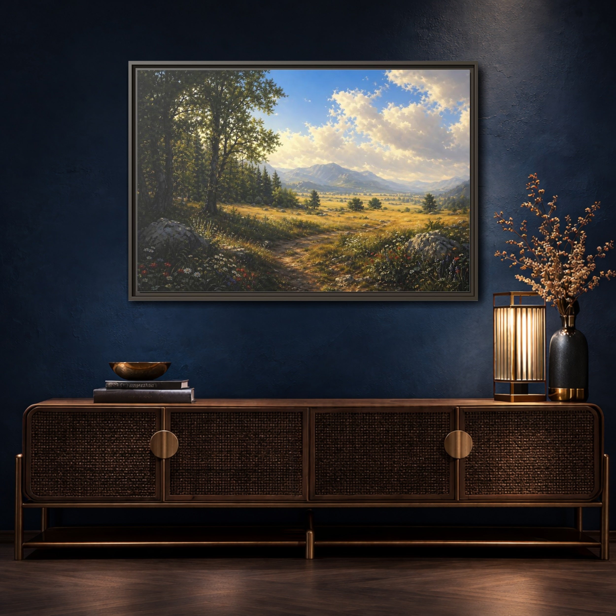 Mockup 4. Nature Mountain Landscape Green Gold Landscape shown as stretched canvas wall art