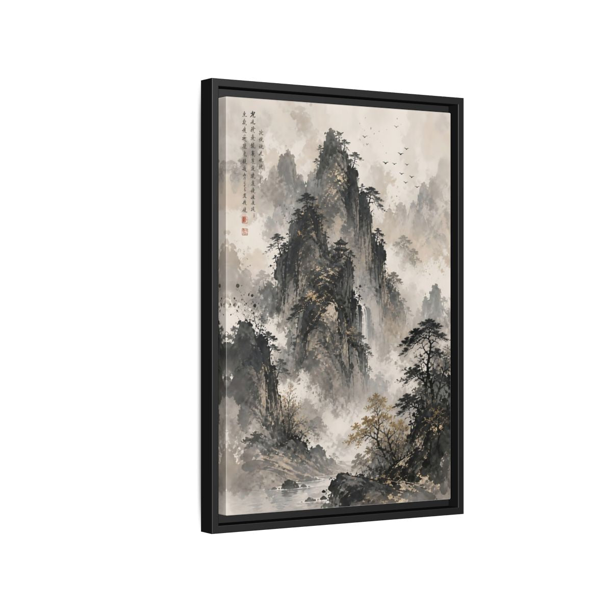 Side Mockup 3. Nature Mountain Landscape Grey And Gold Mountain shown as stretched canvas wall art