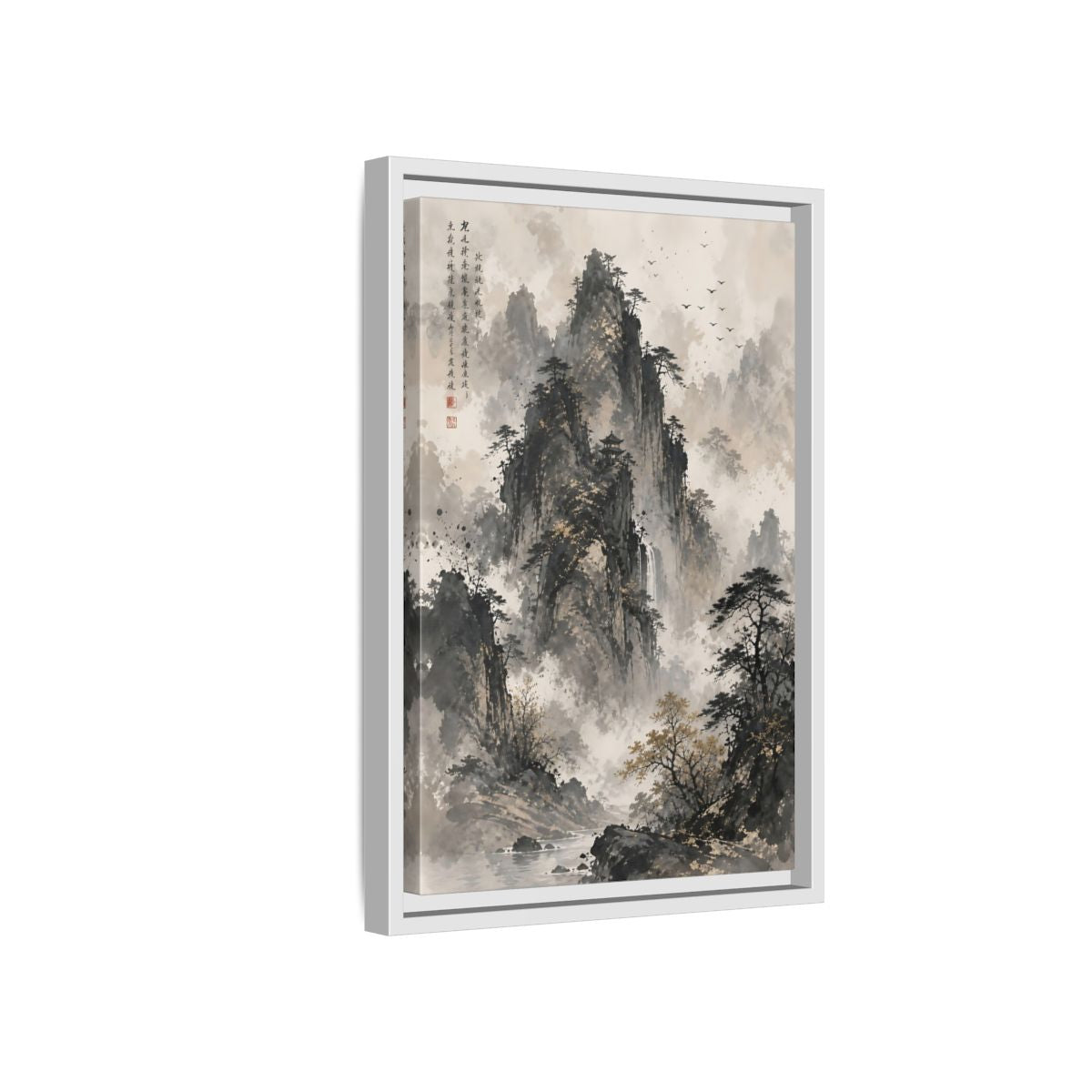 Side Mockup 4. Nature Mountain Landscape Grey And Gold Mountain shown as stretched canvas wall art