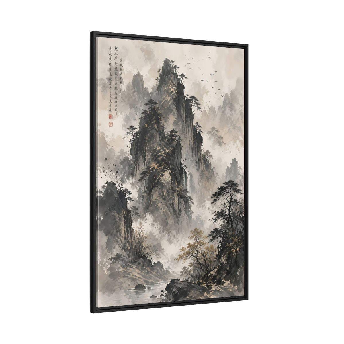 Side Mockup 12. Nature Mountain Landscape Grey And Gold Mountain shown as stretched canvas wall art