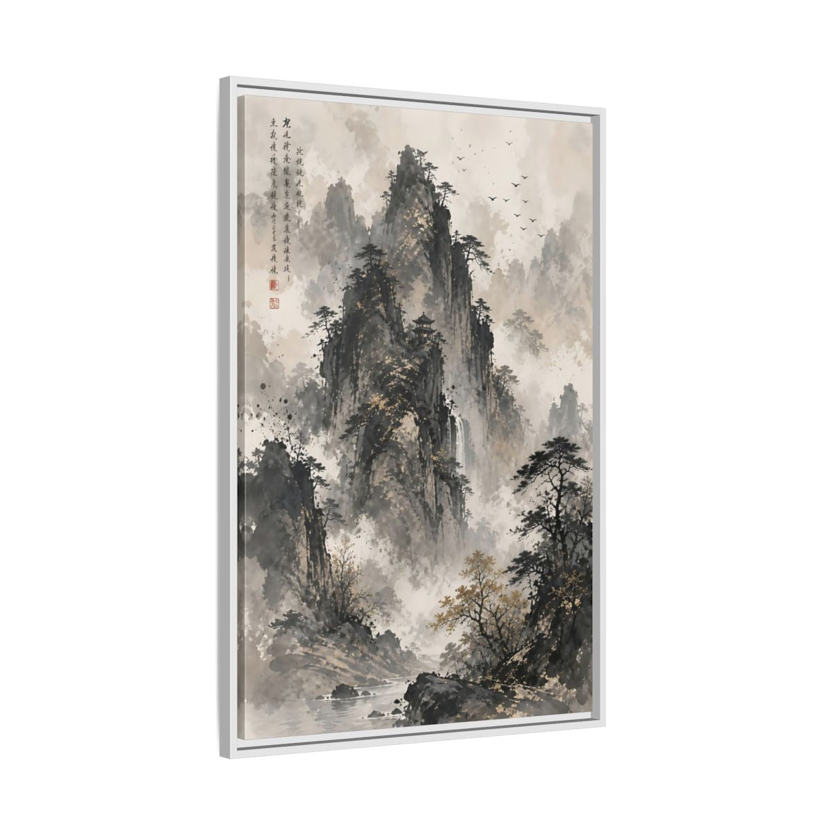 Side Mockup 9. Nature Mountain Landscape Grey And Gold Mountain shown as stretched canvas wall art