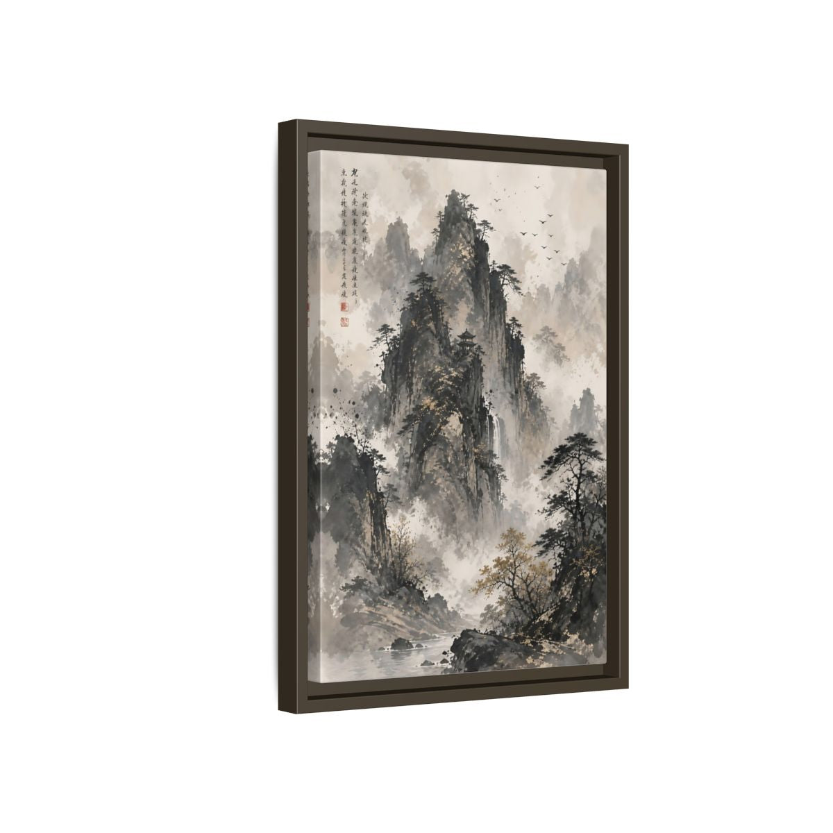 Side Mockup 5. Nature Mountain Landscape Grey And Gold Mountain shown as stretched canvas wall art