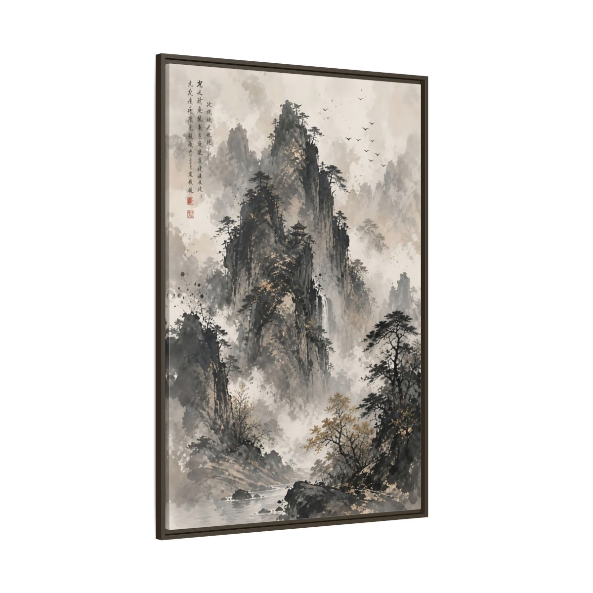 Side Mockup 8. Nature Mountain Landscape Grey And Gold Mountain shown as stretched canvas wall art