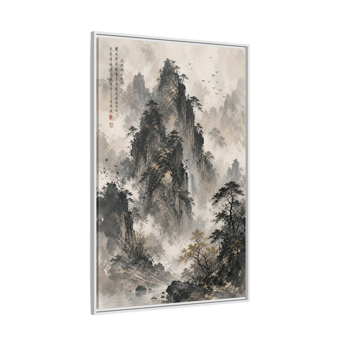 Side Mockup 7. Nature Mountain Landscape Grey And Gold Mountain shown as stretched canvas wall art