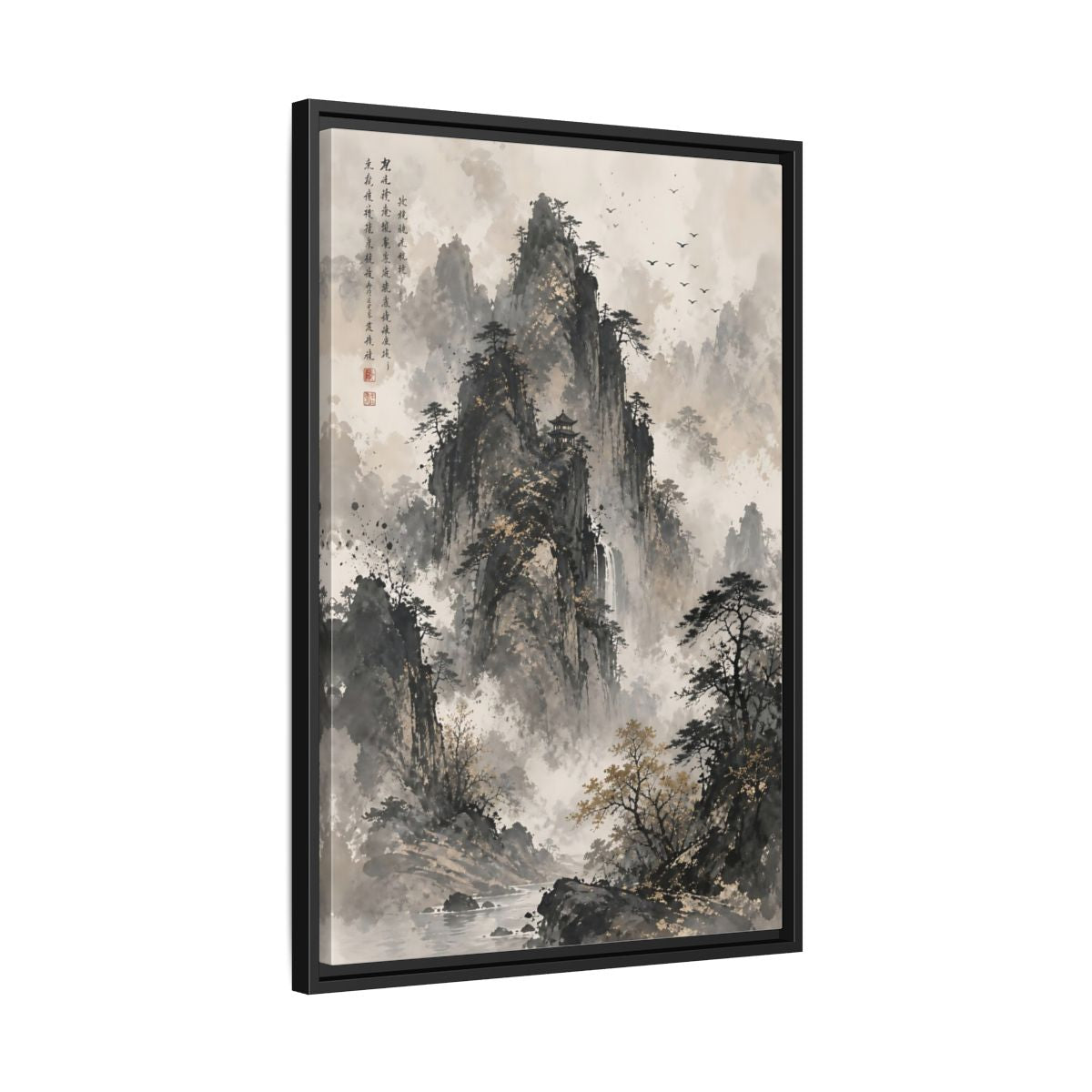 Side Mockup 14. Nature Mountain Landscape Grey And Gold Mountain shown as stretched canvas wall art