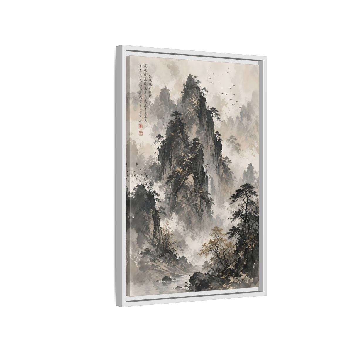 Side Mockup 1. Nature Mountain Landscape Grey And Gold Mountain shown as stretched canvas wall art