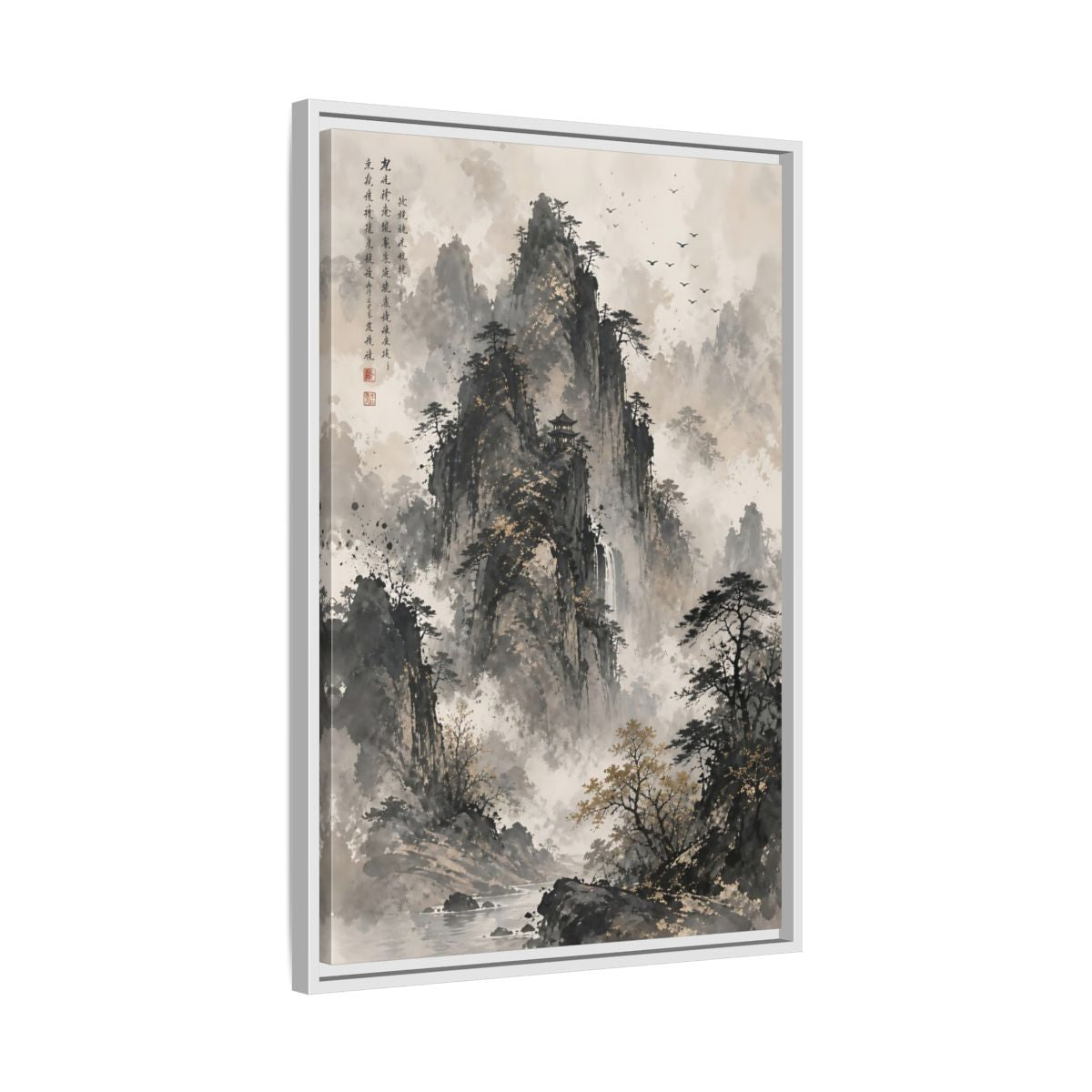 Side Mockup 10. Nature Mountain Landscape Grey And Gold Mountain shown as stretched canvas wall art