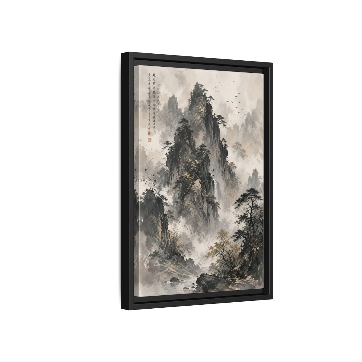 Side Mockup 6. Nature Mountain Landscape Grey And Gold Mountain shown as stretched canvas wall art