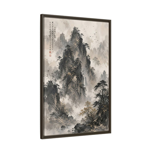 Main Mockup. Nature Mountain Landscape Grey And Gold Mountain shown as stretched canvas wall art