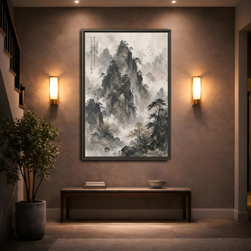 Mockup 2. Nature Mountain Landscape Grey And Gold Mountain shown as stretched canvas wall art